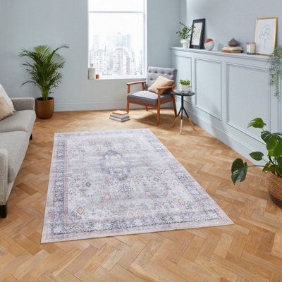Beige Easy To Clean Bordered , Geometric Traditional Rug For Living Room, Bedroom - 120Cm X 170Cm - image 1