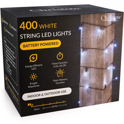 Christow Christmas Indoor/outdoor Battery Led String Lights Green Cable White - 400 - image 1