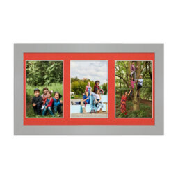 AK Frames 40X20Cm Silver Modern Multi Photo Frame With Poppy Red Mount - Holds 3 Apertures (3X) 6X4 Photos