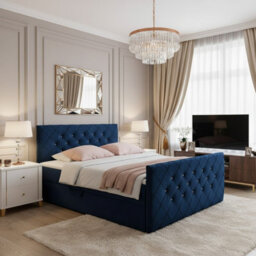 Malaga M 140X200 Upholstered Bed With Topper Mdf Laminated Board Frame Hr Foam Bonnell Springs Wooden Slatted Base Blue