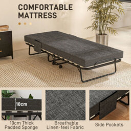 Homcom Folding Bed With Mattress Foldable Guest Bed On Wheels W/ Cover Dark Grey - thumbnail 4