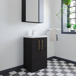Balterley Level Compact Bathroom Cloakroom Vanity Basin Unit With Polymarble Basin, Brushed Brass Handles, 500mm, Woodgrain Black - thumbnail 3