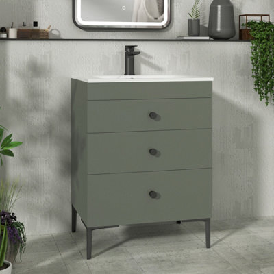 Royal Bathrooms Royal Bathroom Verona 600mm Matt Green 3-Drawer Floor Standing Bathroom Vanity Unit With Carrara White Basin & Matt Black Knob - image 1