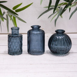 Annibells Set Of 3 Blue Vintage Glass Ribbed Bottles Bud Vases (15524)