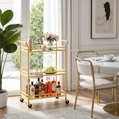 Songmics 3-Tier Gold Home Bar Cart, Beverage Serving Cart With Mirror Shelf, Wine Holders, Glass Holders, Gold - image 1