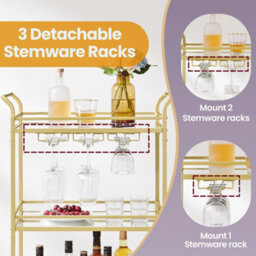 Songmics 3-Tier Gold Home Bar Cart, Beverage Serving Cart With Mirror Shelf, Wine Holders, Glass Holders, Gold - thumbnail 4