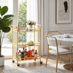 Songmics 3-Tier Gold Home Bar Cart, Beverage Serving Cart With Mirror Shelf, Wine Holders, Glass Holders, Gold
