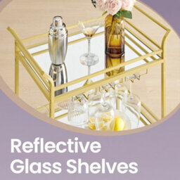 Songmics 3-Tier Gold Home Bar Cart, Beverage Serving Cart With Mirror Shelf, Wine Holders, Glass Holders, Gold - thumbnail 3