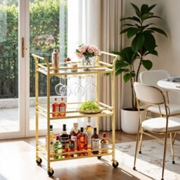 Songmics 3-Tier Gold Home Bar Cart, Beverage Serving Cart With Mirror Shelf, Wine Holders, Glass Holders, Gold - thumbnail 2