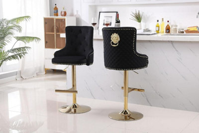 Hygrad Built to Survive Set Of 2 Modern Velvet Kitchen Bar Stools Swivel Breakfast Counter Chairs With Lion Knocker, Gas Lift & Gold Metal Base - image 1