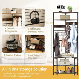 Costway 183 Cm Tall Corner Hall Tree 5-Tier Coat Rack W/ Shoe Storage Bench Rustic Brown - thumbnail 7