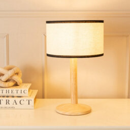 Valuelights Triston Natural Light Wood Stem Table Lamp With Linen Black Trim Drum Lamp Shade And Led Bulb