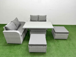 Fimous 6 Seater Outdoor Love Sofa Set Rattan Garden Furniture Set Adjustable Lifting Dining Or Coffee Table 2 Footstool Light Grey - thumbnail 1