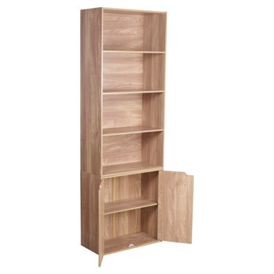 6 Tier Oak Bookcase With 2 Door Cupboard Cabinet Storage Shelving Display Wood Shelf - image 1