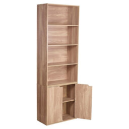 6 Tier Oak Bookcase With 2 Door Cupboard Cabinet Storage Shelving Display Wood Shelf - thumbnail 3