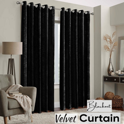 Ameha Black Velvet Curtains Eyelet Blackout Thick Thermal Insulated Ready Made Ring Top Curtain Pair 66''x72'' For Living Room - image 1