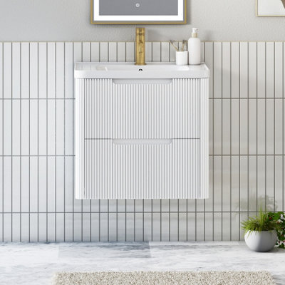 Royal Bathrooms Avenza 600mm Fluted Wall Hung Vanity Unit Matt White 2 Drawer Storage Cabinet With Ceramic Basin - image 1