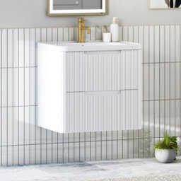 Royal Bathrooms Avenza 600mm Fluted Wall Hung Vanity Unit Matt White 2 Drawer Storage Cabinet With Ceramic Basin - thumbnail 6