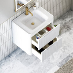 Royal Bathrooms Avenza 600mm Fluted Wall Hung Vanity Unit Matt White 2 Drawer Storage Cabinet With Ceramic Basin - thumbnail 3