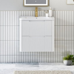 Royal Bathrooms Avenza 600mm Fluted Wall Hung Vanity Unit Matt White 2 Drawer Storage Cabinet With Ceramic Basin - thumbnail 1