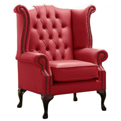 Chesterfield High Back Wing Chair Shelly Cherry Leather Bespoke In Queen Anne Style - image 1