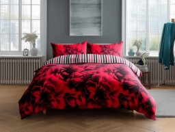 Duvet Cover And Pillowcase Set Reversible Rose And Stripe Design Polycotton Bed Linen Red