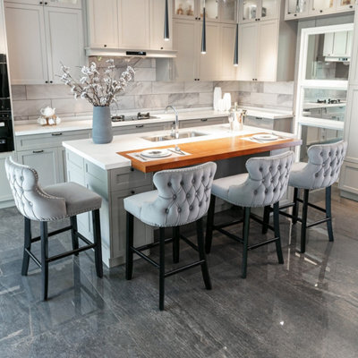 HomeTouch Set Of 6 Grey Velvet Upholstered Bar Stools With Wood Legs - image 1