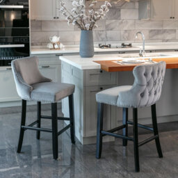 HomeTouch Set Of 6 Grey Velvet Upholstered Bar Stools With Wood Legs - thumbnail 3