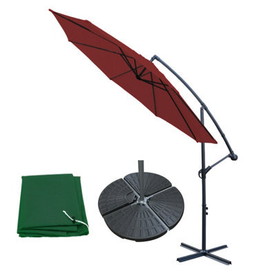 Sundaze 3M Wine Red Garden Cantilever Banana Parasol Umbrella Crank Hanging Patio With Base Weights & Cover - image 1