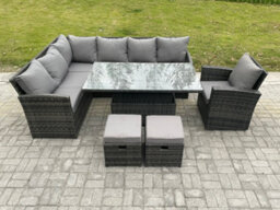 Fimous Outdoor Rattan Garden Furniture Set Height Adjustable Rising Lifting Table Sofa Dining Set With 2 Small Footstools Armchair - thumbnail 2