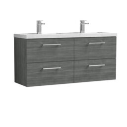 Balterley Level 1200mm Wall Hung 4 Drawer Vanity Unit, Double Polymarble Basin For Modern Bathroom Storage - Anthracite Woodgrain - thumbnail 1