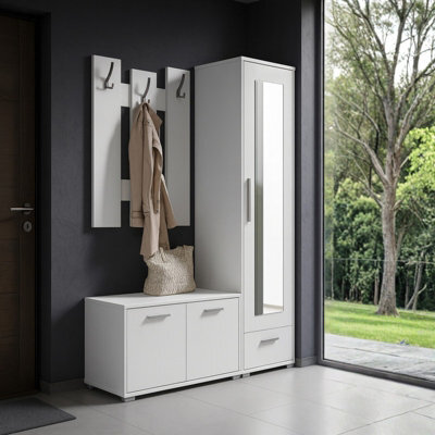 Hit Hallway Furniture Set Modern Entrance Storage With Wardrobe Shoe Cabinet Shelves And Mirror Durable Laminated Board White - image 1