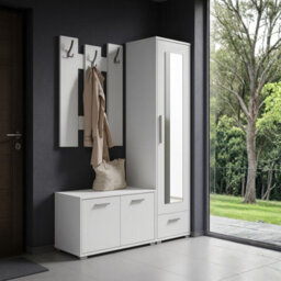 Hit Hallway Furniture Set Modern Entrance Storage With Wardrobe Shoe Cabinet Shelves And Mirror Durable Laminated Board White