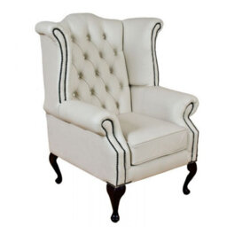 Chesterfield High Back Wing Chair Shelly White Real Leather Bespoke In Queen Anne Style - thumbnail 2