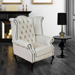 Chesterfield High Back Wing Chair Shelly White Real Leather Bespoke In Queen Anne Style - thumbnail 1
