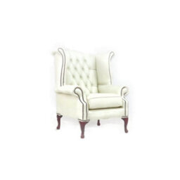 Chesterfield High Back Wing Chair Shelly White Real Leather Bespoke In Queen Anne Style - thumbnail 4