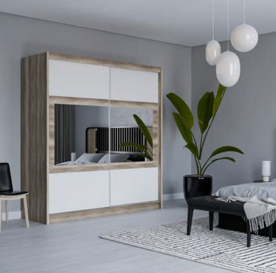 Arte Canyon Oak & White 203Cm Mirrored Sliding Wardrobe - Modern Elegance Meets Ample Storage - image 1