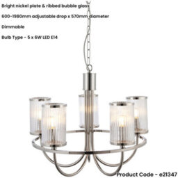 Loops Multi Arm Hanging Ceiling Pendant Light - Bright Nickel Plate & Ribbed Bubble Glass Shade - 5 X 6W Led E14 - thumbnail 2