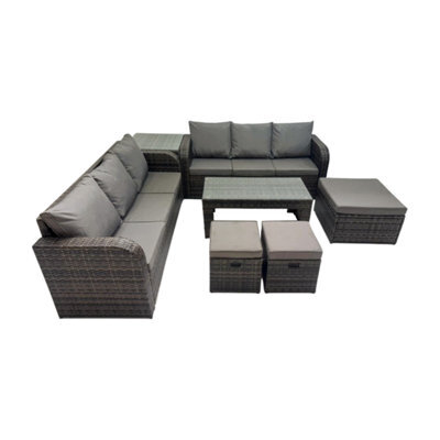 Fimous Rattan Garden Outdoor Furniture Set 3 Seater Sofa Coffee Table With 3 Footstools Side Table Dark Grey Mixed - image 1