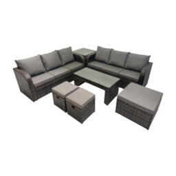 Fimous Rattan Garden Outdoor Furniture Set 3 Seater Sofa Coffee Table With 3 Footstools Side Table Dark Grey Mixed - thumbnail 2