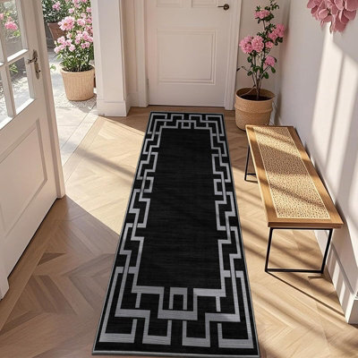 Oxford Homeware Printed Rug, Non-Slip Pet Friendly, Living Room Rugs And Hallways Runner, (Nico Black, 80X150Cm)