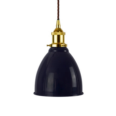 Navy Blue Classic Small Pantry Metal Painted Dome Pendant Light With Gold Lamp Holder And Brown Twisted Cable - Se Home