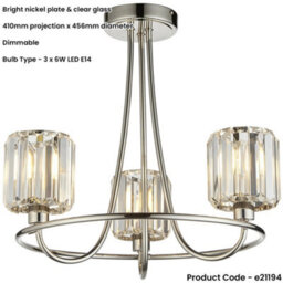 Loops 3 Light Semi Flush Ceiling Lamp & 2X Matching Wall Lights - Bright Nickel Frosted Glass Chandelier - thumbnail 3