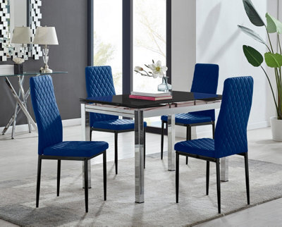 Furniturebox Uk Enna Black Glass Extending Dining Table And 4 Navy Velvet Milan Black Leg Chairs - image 1