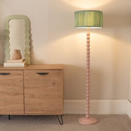 Valuelights Bobbins Painted Rose Floor Lamp With Ruched Pleated Green Drum Shade