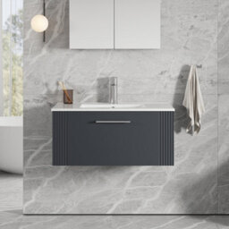 Balterley Belvide Partial Fluted 1 Drawer Wall Hung Vanity Unit With 1 Tap Hole Minimalist Basin - 800mm - Satin Dark Grey - thumbnail 2