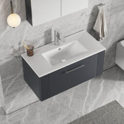 Balterley Belvide Partial Fluted 1 Drawer Wall Hung Vanity Unit With 1 Tap Hole Minimalist Basin - 800mm - Satin Dark Grey - thumbnail 5
