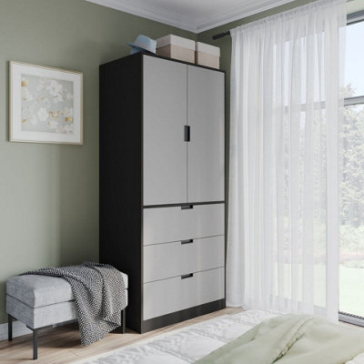 Urbn-Living Urbnliving 180Cm Height Black Wardrobe With Grey 2 Door 3 Drawer Storage And Modern Hanging Rail Furniture - image 1