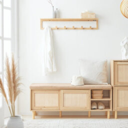 Sobuy Fsr163-N, Wooden Shoe Storage Bench With Cushion Shoe Rack Cabinet With Sliding Doors For Hallway Or Bedroom, Natural - thumbnail 2