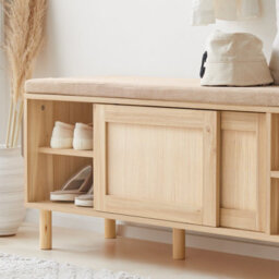 Sobuy Fsr163-N, Wooden Shoe Storage Bench With Cushion Shoe Rack Cabinet With Sliding Doors For Hallway Or Bedroom, Natural - thumbnail 6